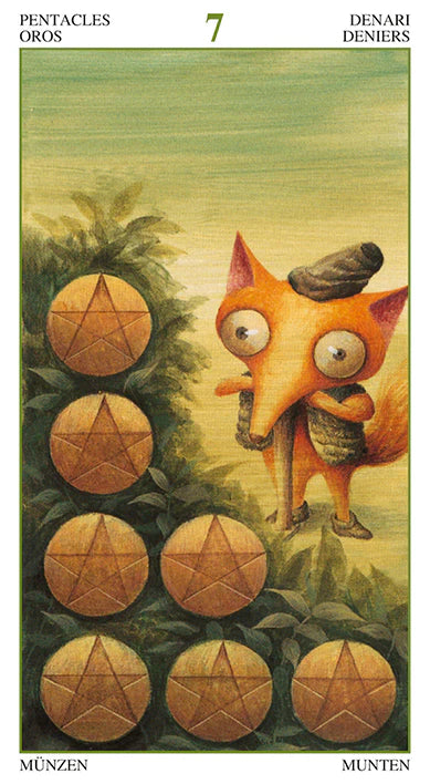 Cartoon fox with a hat standing next to five pentacle symbols on a card-like background