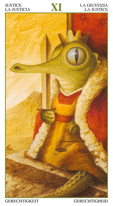 Card from a tarot deck featuring a dragon-like creature with an eye for a head, scales, and a sword, set against a yellow background.