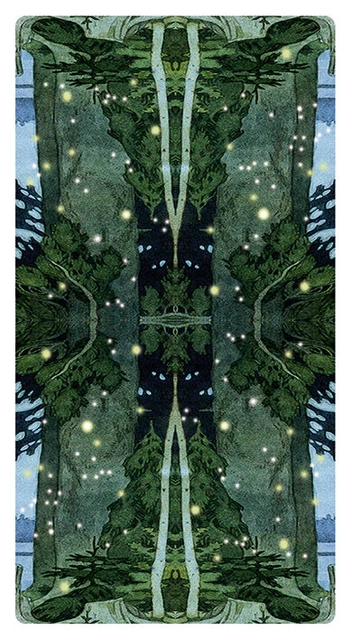 Mystical forest scene with mirrored design and glowing lights