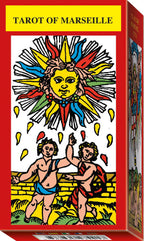 Tarot of Marseille card deck packaging with colorful design and text.