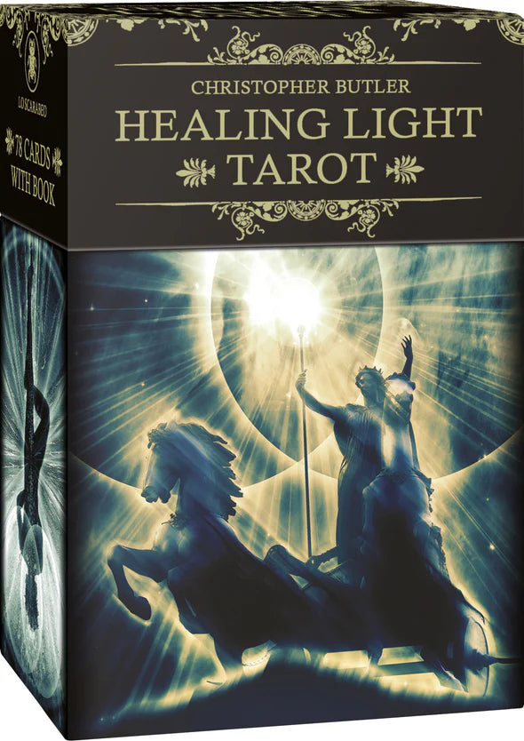 Healing Light Tarot box with artwork of a woman and horse, and 'Christopher Butler' branding.