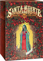 Santa Muerte Tarot Book of the Dead packaging with a skeleton in a red and blue robe surrounded by roses.