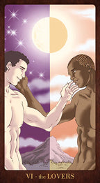 Tarot card titled 'The Lovers' featuring two figures holding hands against a split background with purple and orange skies.