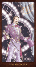 Card featuring a magician in a purple suit with a hat and cane against a decorative background.