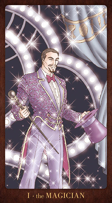 Card featuring a magician in a purple suit with a hat and cane against a decorative background.