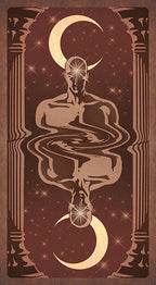 Artistic depiction of a figure with a crescent moon headpiece against a starry background.
