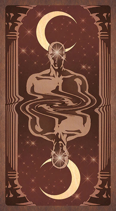 Artistic depiction of a figure with a crescent moon headpiece against a starry background.
