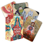 Set of 'The Medicine Woman' oracle cards with colorful illustrations on a white background