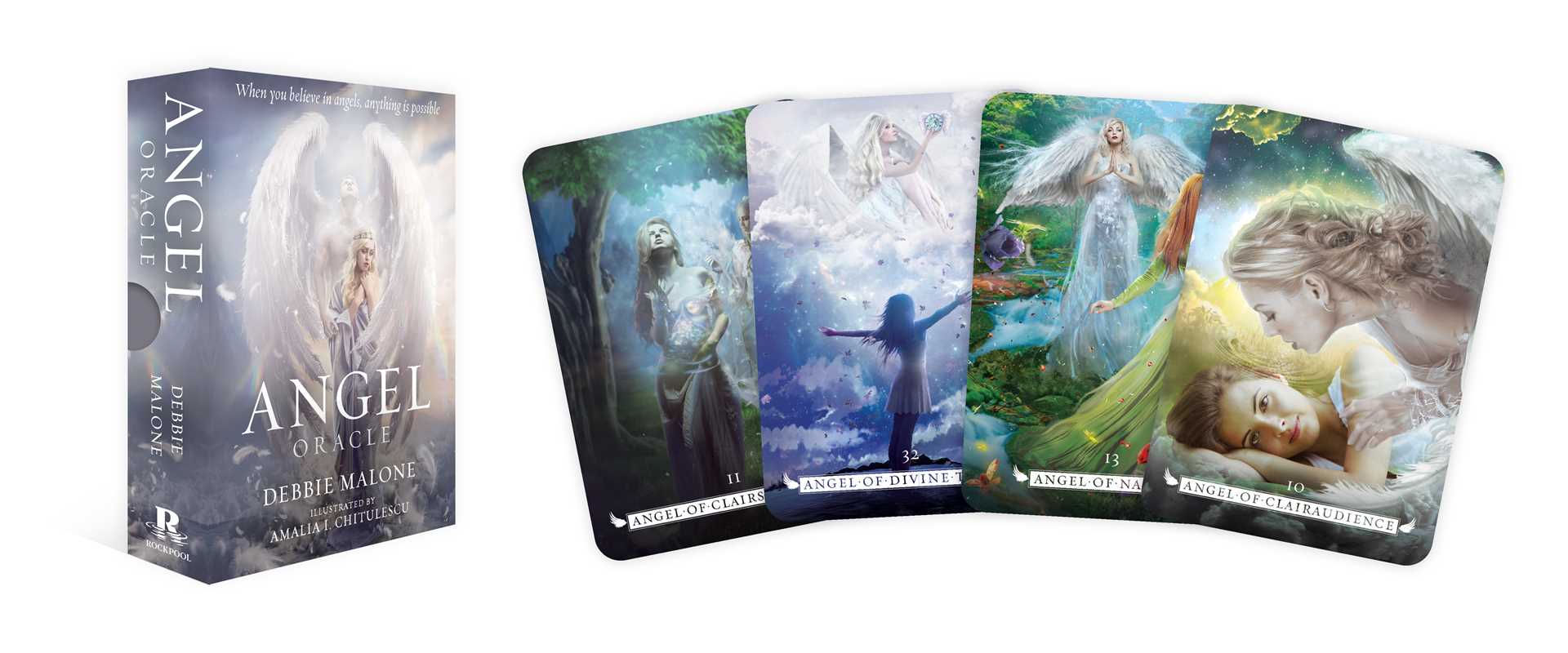 Set of angel-themed cards with a box labeled 'Angel Tarot' on a white background.