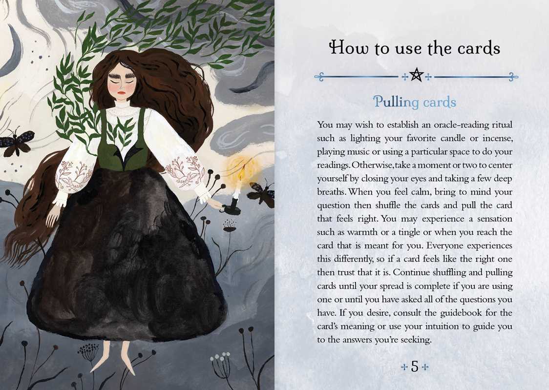 Illustration of a woman with text on how to use cards, surrounded by nature elements.