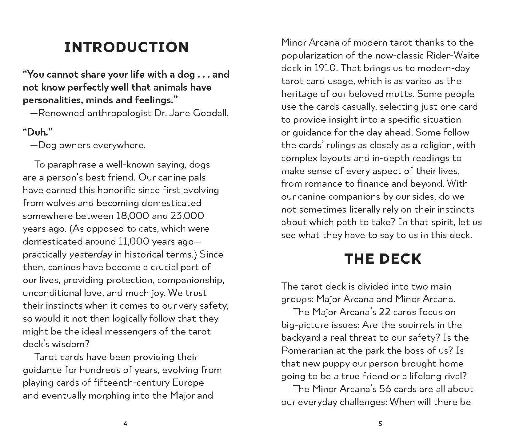 Book pages with text about tarot cards and dog owners, with a white background.