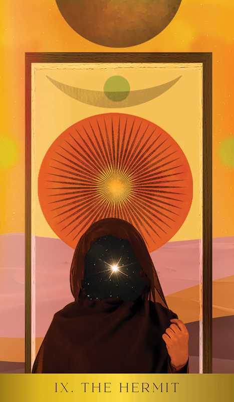Tarot card titled 'The Hermit' with a silhouette of a person and abstract design elements.