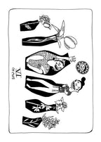 Black and white illustration of a woman with tattoos and decorative elements on a white background