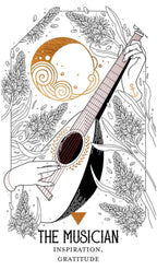 Illustration of a mandolin held by a hand with floral and celestial elements, titled 'The Musician'.