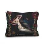 A rectangular zippered pouch featuring a gothic art print of a tattooed woman under a red veil against a starry night sky, framed by red roses and columns. The brand name 'VOGUEO BENE' is printed near the bottom center.