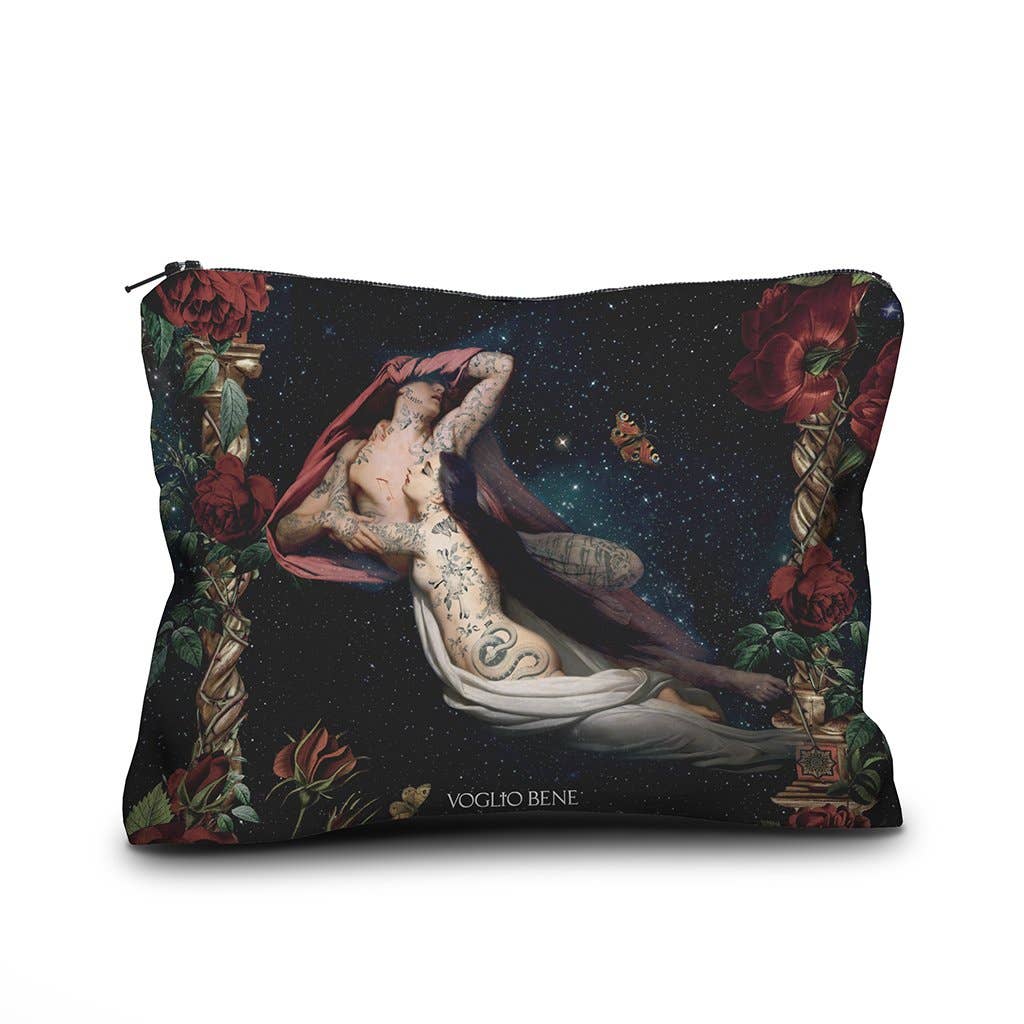 A rectangular zippered pouch featuring a gothic art print of a tattooed woman under a red veil against a starry night sky, framed by red roses and columns. The brand name 'VOGUEO BENE' is printed near the bottom center.