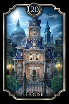 Decorative card with a large, ornate house at night, framed by decorative elements.