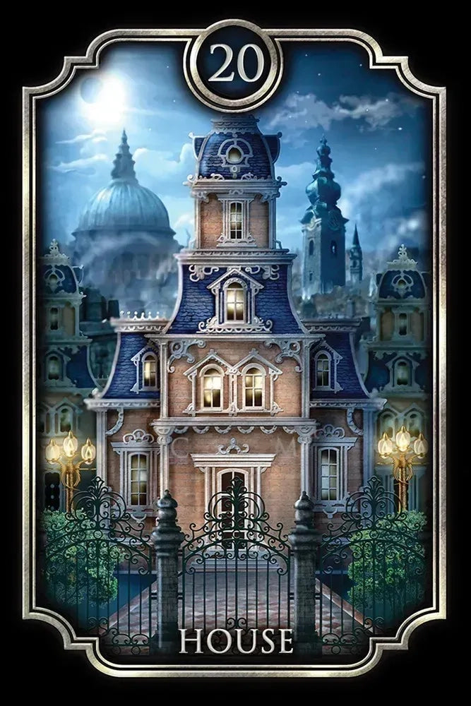 Decorative card with a large, ornate house at night, framed by decorative elements.