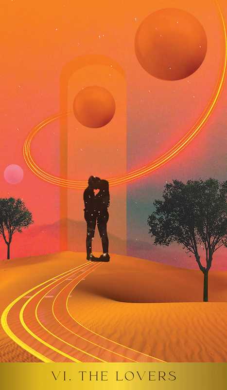 Couple embracing under a heart-shaped planet with tracks leading to trees, titled 'VI. The Lovers'.