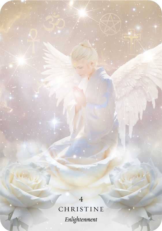 Card featuring an angel with white wings and a white dress, surrounded by white roses, on a light background.