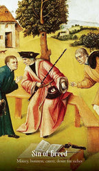 Historical painting of a man in red robes with a book titled 'Sin of Greed' in a landscape setting.