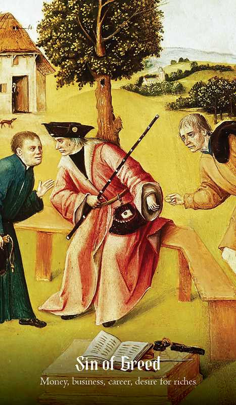 Historical painting of a man in red robes with a book titled 'Sin of Greed' in a landscape setting.