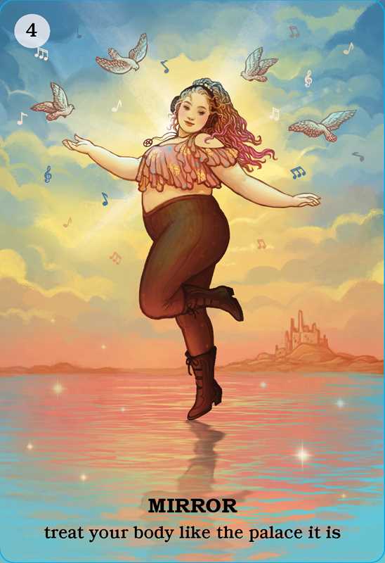 Woman dancing with butterflies and a castle in the background, with text 'Mirror' and 'treat your body like the palace it is'.