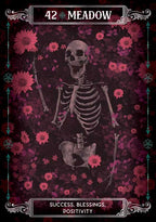 Skeletal design with flowers and text on a dark background