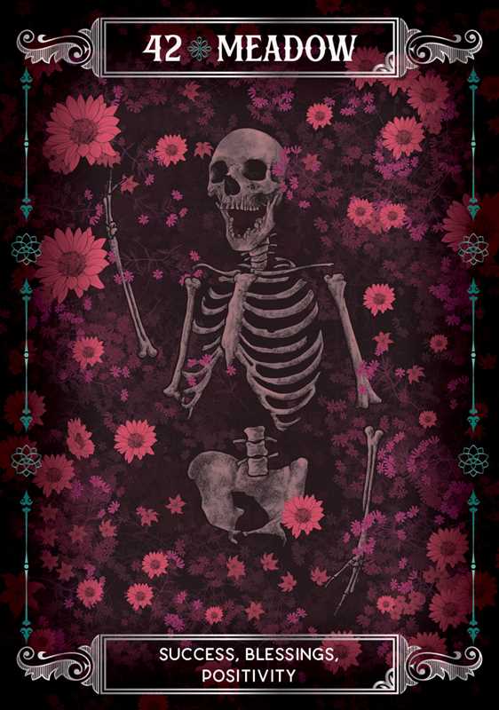 Skeletal design with flowers and text on a dark background