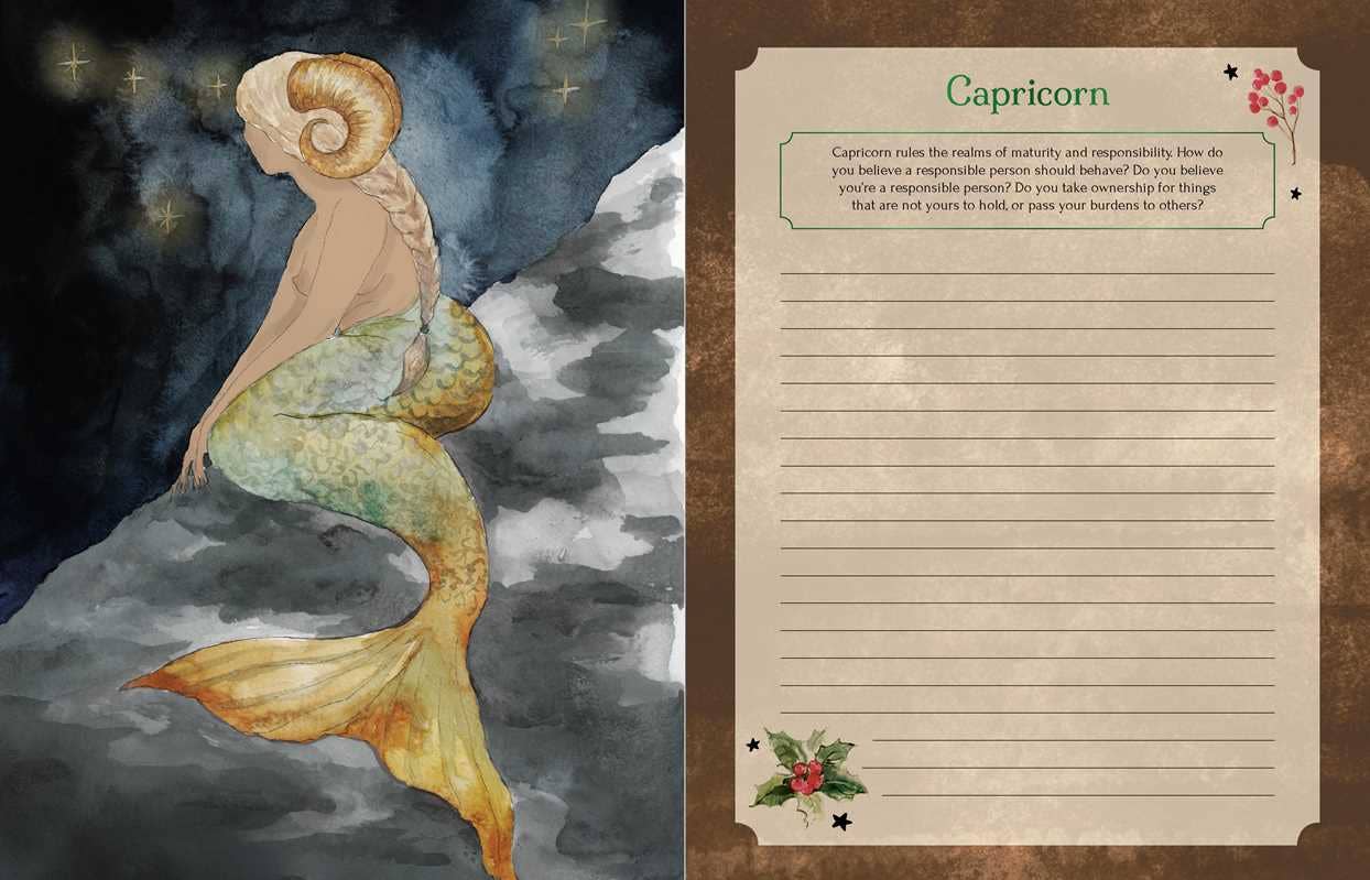 Mermaid with ram's head on a dark background next to a Capricorn-themed notepad.