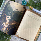 Open book with artistic cover featuring a woman and plants, next to a lined notebook page.