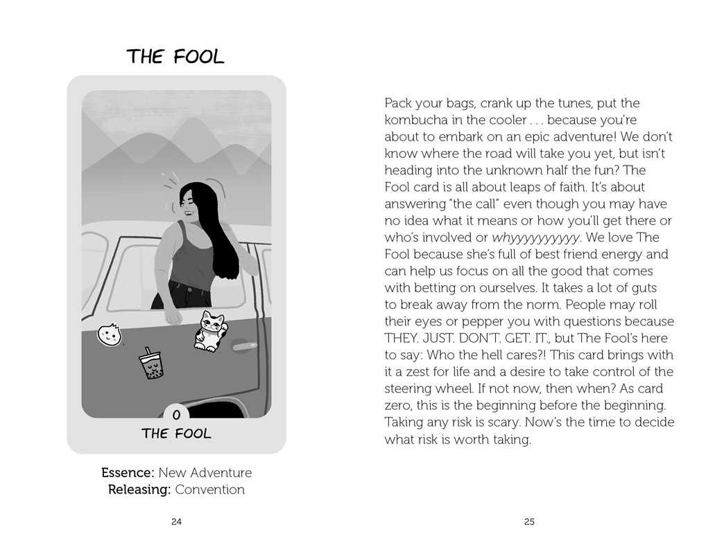 Card from a tarot deck titled 'The Fool' with an illustration of a person in a car and text explaining the card's meaning.
