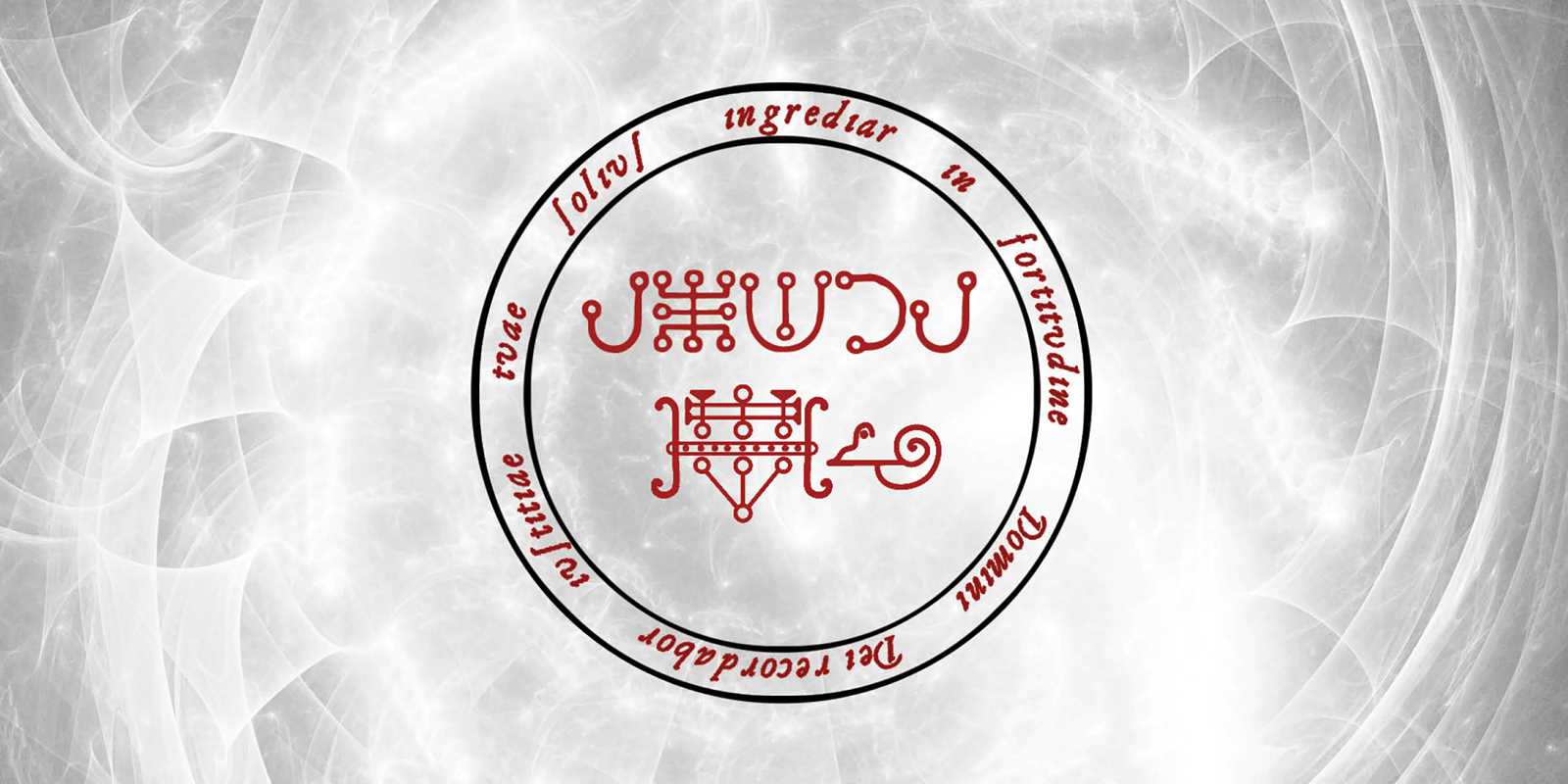 Circular design with red text and symbols on a gray, abstract background