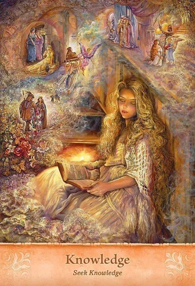 Woman reading a book with a magical, detailed background and 'Knowledge Seek Knowledge' text.