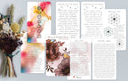 A set of printed crystal card decks and guide cards arranged on a white surface with dried flowers beside them. The cards feature watercolor floral designs, geometric crystal grids, and text sections titled 'Crystals in the Deep,' 'Seed of Life,' and 'Religious Crystal Cards.