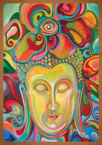 Colorful abstract painting of a Buddha face with swirling patterns