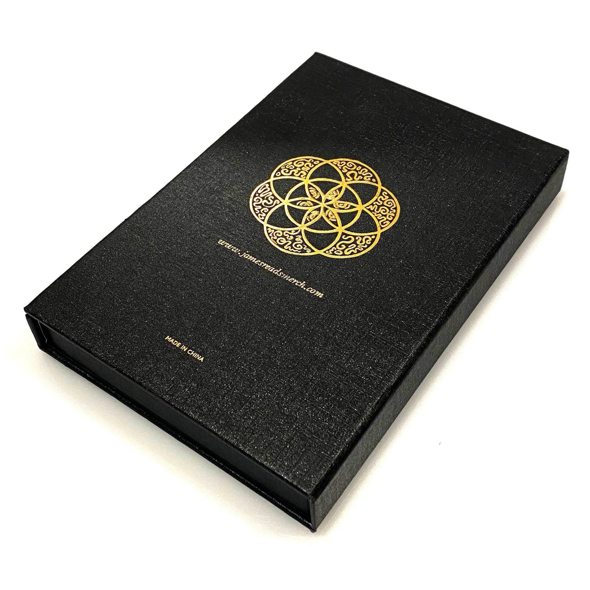 Black box with gold emblem and text on a white background