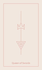 Design of 'Queen of Swords' with geometric shapes on a light pink background