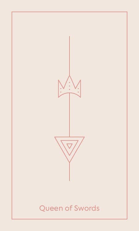 Design of 'Queen of Swords' with geometric shapes on a light pink background