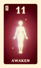 Tarot card with number 11 and the word 'Awaken' on a dark red background