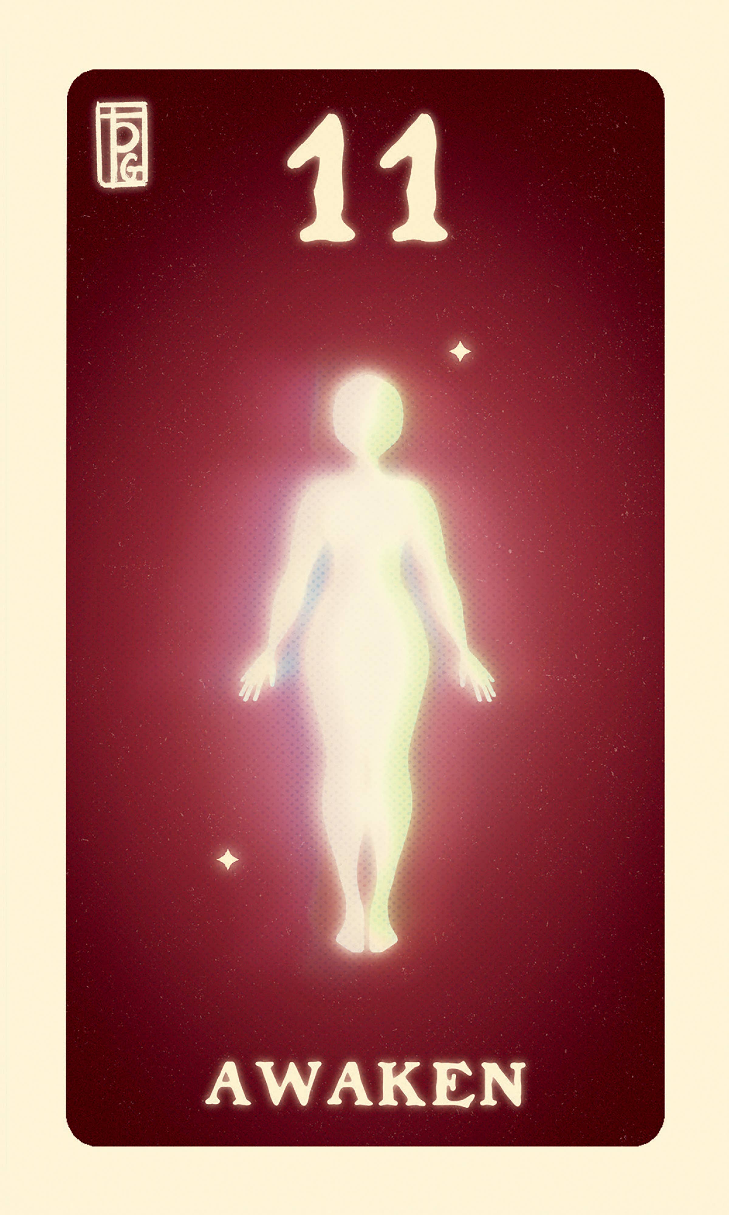 Tarot card with number 11 and the word 'Awaken' on a dark red background