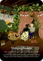 Illustration of two people sitting at a table with hanging baskets and plants in a cozy setting.