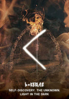 Mystical image with a glowing figure and text about self-discovery and light in the dark, featuring the brand 'b*kenaz'.