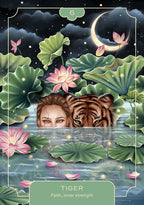 Illustration of a woman and a tiger peering over water with lotus flowers and a moon in the background.