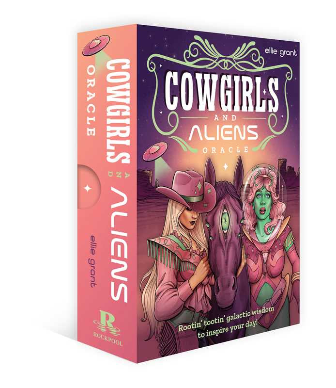 Cowgirls and Aliens Oracle card box with illustrations of a cowgirl and alien on a horse.