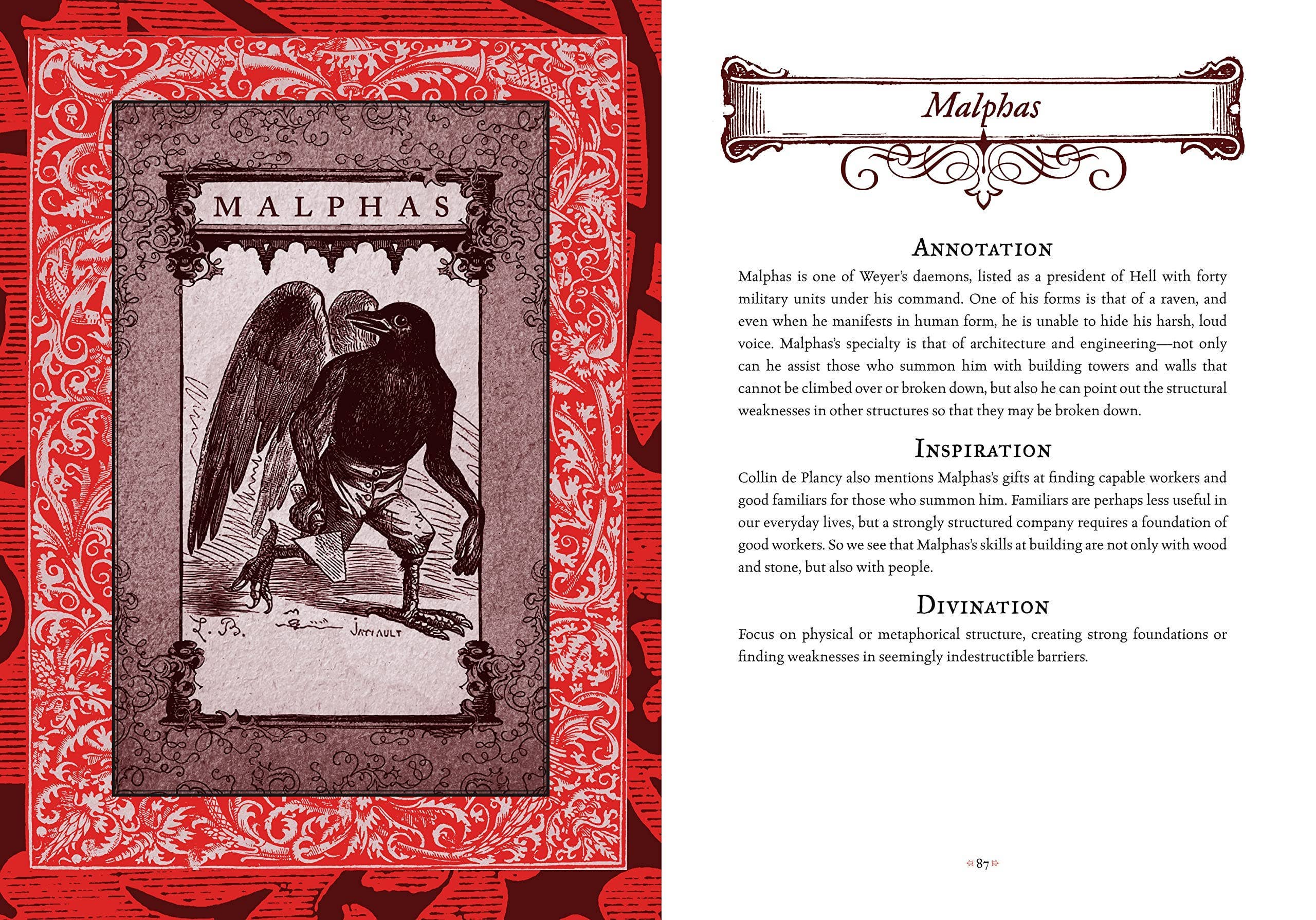 Illustration of a winged creature labeled 'Malphas' on a red and black decorative background.
