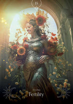 Woman in a flowing dress surrounded by flowers with 'Flora' and 'Fertility' text.