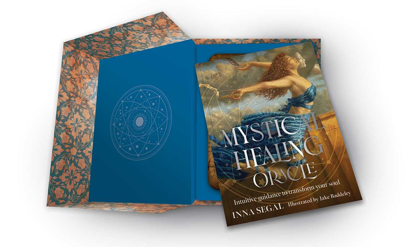 Mystic Healing Oracle book with decorative cover and blue interior page on a white background