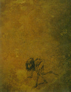 Artistic depiction of a figure on a textured brown background