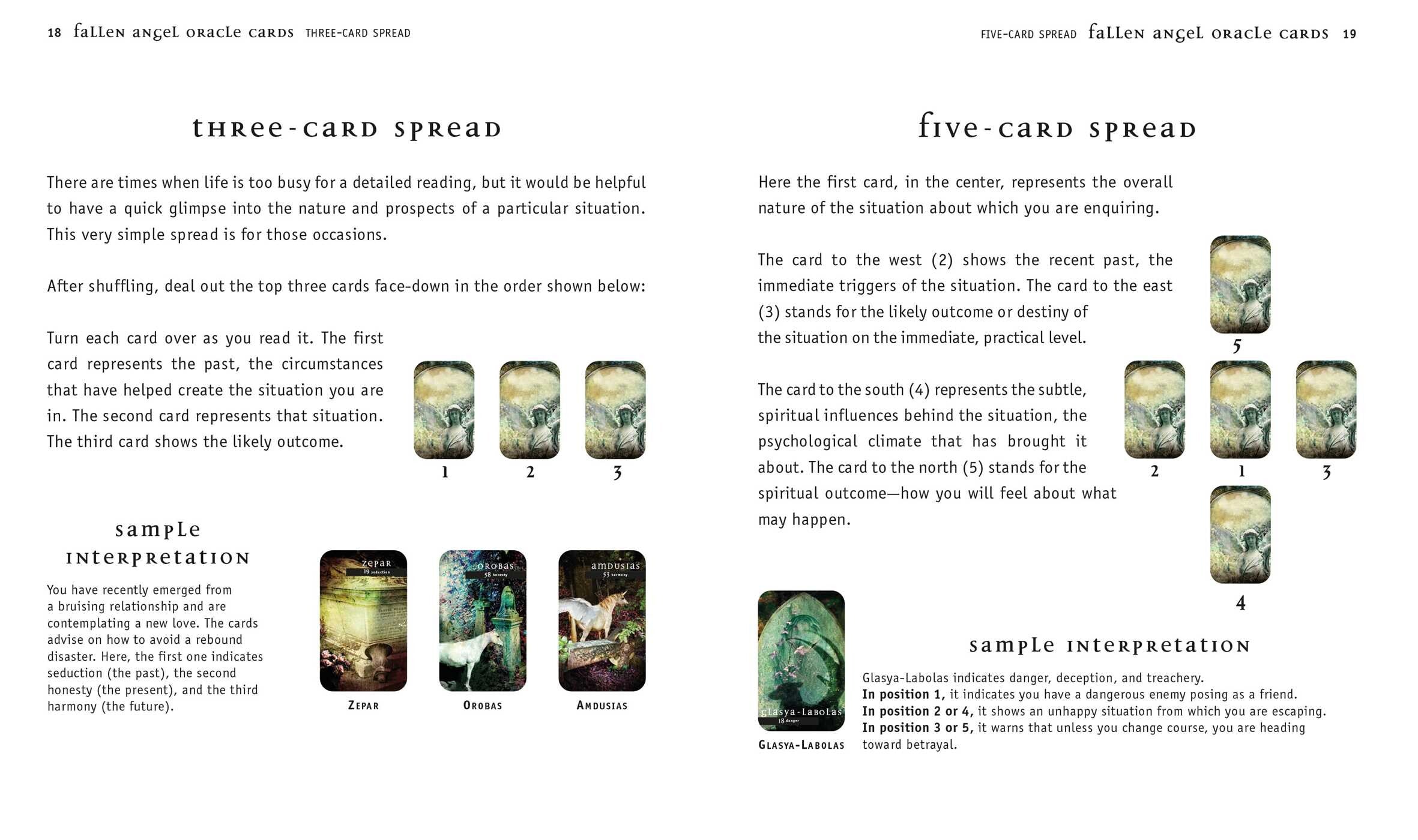Instructions for a three-card and five-card spread with card images and sample interpretations.
